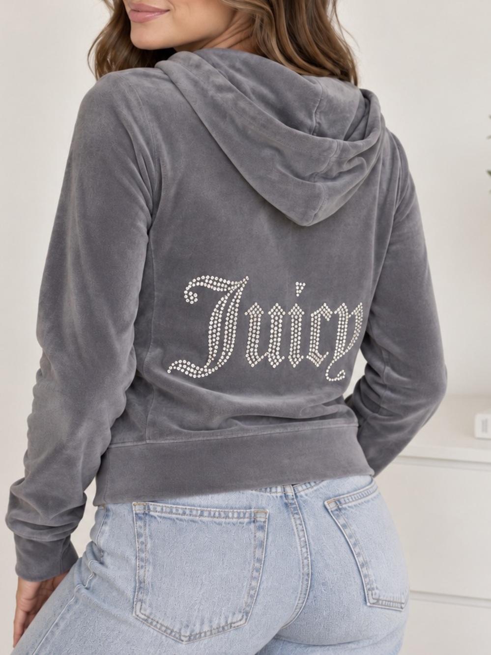 Juicy Couture OG Big Bling Velour Zip Hoodie Rhinestone Logo Gray Size S